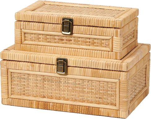 2PCS Rattan Box with Lid Decorative Natural Handmade Boho Baskets Woven Wicker Cane Bins Keepsake Memory Jewelry Boxes Rectangular Desk Shelf Closet Organizer Container (1 Large 1 Small) in Kuwait