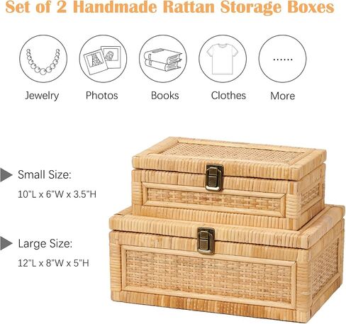 2PCS Rattan Box with Lid Decorative Natural Handmade Boho Baskets Woven Wicker Cane Bins Keepsake Memory Jewelry Boxes Rectangular Desk Shelf Closet Organizer Container (1 Large 1 Small) in Kuwait