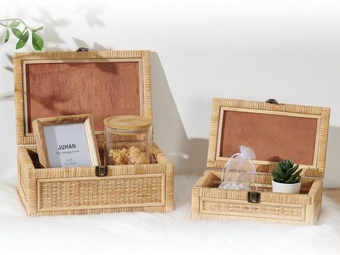 2PCS Rattan Box with Lid Decorative Natural Handmade Boho Baskets Woven Wicker Cane Bins Keepsake Memory Jewelry Boxes Rectangular Desk Shelf Closet Organizer Container (1 Large 1 Small) in Kuwait