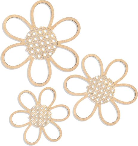 Maitys 3 Pieces Boho Daisy Wall Decor Natural Rattan Flower Wall Hanging Art Wooden Boho Nursery Flowers Decor for Home Nursery(Classic Color) in Saudi Arabia