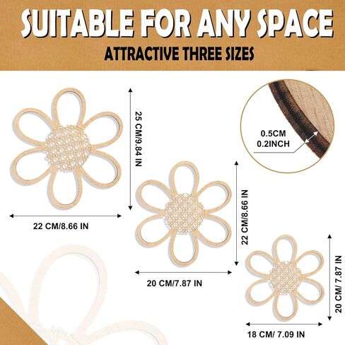 Maitys 3 Pieces Boho Daisy Wall Decor Natural Rattan Flower Wall Hanging Art Wooden Boho Nursery Flowers Decor for Home Nursery(Classic Color) in Saudi Arabia