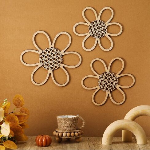 Maitys 3 Pieces Boho Daisy Wall Decor Natural Rattan Flower Wall Hanging Art Wooden Boho Nursery Flowers Decor for Home Nursery(Classic Color) in Saudi Arabia