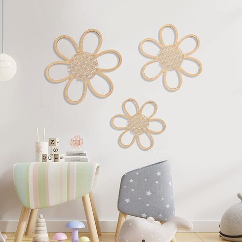 Maitys 3 Pieces Boho Daisy Wall Decor Natural Rattan Flower Wall Hanging Art Wooden Boho Nursery Flowers Decor for Home Nursery(Classic Color) in Saudi Arabia