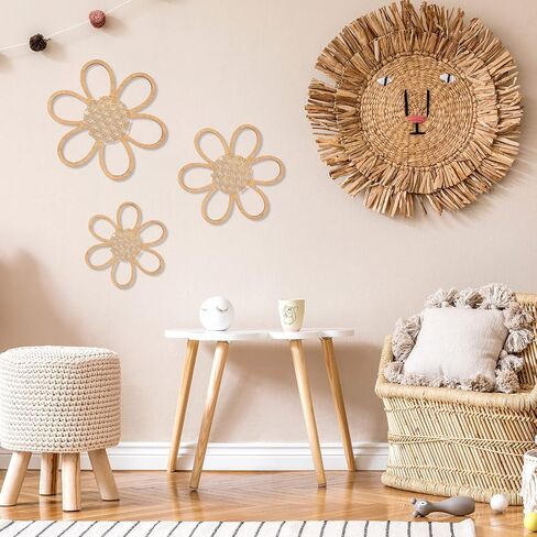 Maitys 3 Pieces Boho Daisy Wall Decor Natural Rattan Flower Wall Hanging Art Wooden Boho Nursery Flowers Decor for Home Nursery(Classic Color) in Saudi Arabia