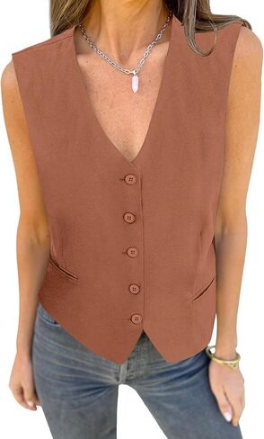 luvamia Womens Vests Linen Fashion Dressy Casual Lightweight Button Down Sleeveless Blazer Lined Work Waistcoat Vest Top in Saudi Arabia