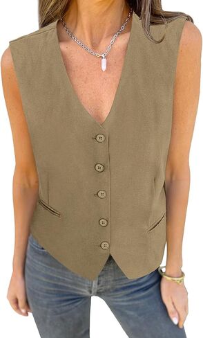 luvamia Womens Vests Linen Fashion Dressy Casual Lightweight Button Down Sleeveless Blazer Lined Work Waistcoat Vest Top in Saudi Arabia