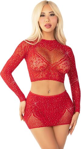 Leg Avenue Womens Rhinestone Lace و Net Crop Top Mini Skirt in Saudi Arabia