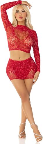 Leg Avenue Womens Rhinestone Lace و Net Crop Top Mini Skirt in Saudi Arabia