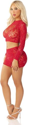 Leg Avenue Womens Rhinestone Lace و Net Crop Top Mini Skirt in Saudi Arabia