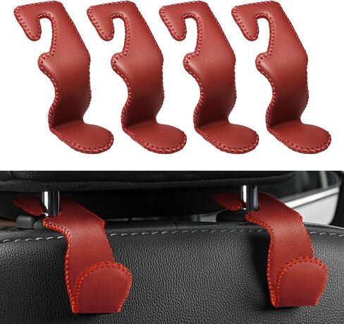 4 Pack Superior Leather Car Seat Headrest Hooks with 44 Pounds Load Capacity, Hangers Storage Organizer Universal Car Interior Accessories for Handbags Water Bottles Umbrellas, Black & Red in Saudi Arabia