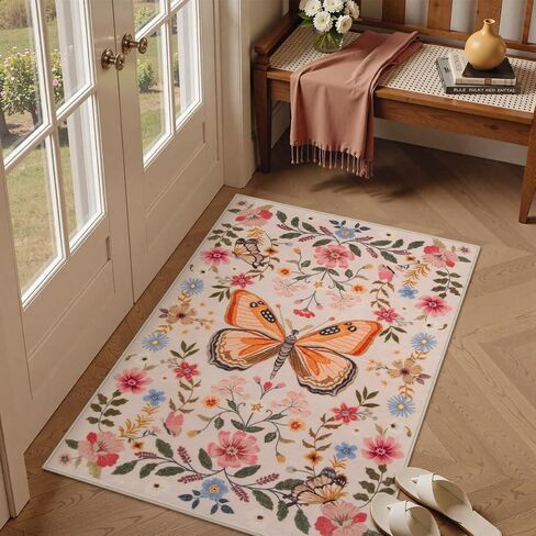 Beeiva Butterfly Insect Rug Runners for Hallways Non Slip 2x6, Black Low Pile Washable Kitchen Runner Rug, Stain Resistant Ultra Thin Floral Carpet for Entryway Bedroom Bathroom (Black, 2'x6') in Saudi Arabia
