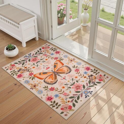 Beeiva Butterfly Insect Rug Runners for Hallways Non Slip 2x6, Black Low Pile Washable Kitchen Runner Rug, Stain Resistant Ultra Thin Floral Carpet for Entryway Bedroom Bathroom (Black, 2'x6') in Saudi Arabia