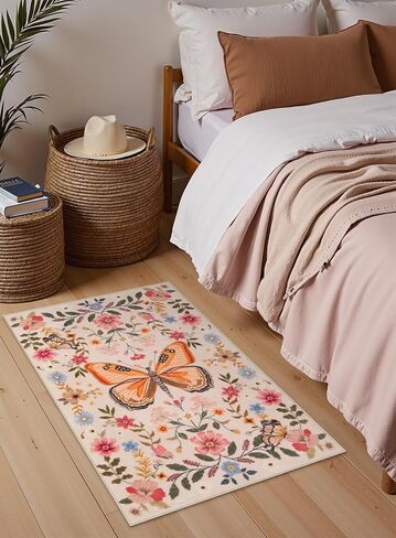 Beeiva Butterfly Insect Rug Runners for Hallways Non Slip 2x6, Black Low Pile Washable Kitchen Runner Rug, Stain Resistant Ultra Thin Floral Carpet for Entryway Bedroom Bathroom (Black, 2'x6') in Saudi Arabia