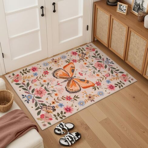 Beeiva Butterfly Insect Rug Runners for Hallways Non Slip 2x6, Black Low Pile Washable Kitchen Runner Rug, Stain Resistant Ultra Thin Floral Carpet for Entryway Bedroom Bathroom (Black, 2'x6') in Saudi Arabia