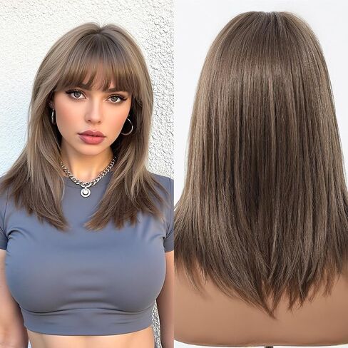 Allbell Short Brown Wig With Curtain Bangs Light Brown Bob Wigs 16 Inch Middle Length Wig Straight Bob Wig for Women Blonde Highlights Synthetic Wig Heat Resistant Fiber Hair in Saudi Arabia