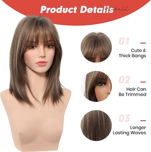 Allbell Short Brown Wig With Curtain Bangs Light Brown Bob Wigs 16 Inch Middle Length Wig Straight Bob Wig for Women Blonde Highlights Synthetic Wig Heat Resistant Fiber Hair in Saudi Arabia
