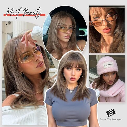 Allbell Short Brown Wig With Curtain Bangs Light Brown Bob Wigs 16 Inch Middle Length Wig Straight Bob Wig for Women Blonde Highlights Synthetic Wig Heat Resistant Fiber Hair in Saudi Arabia
