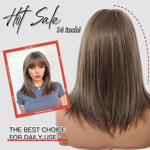 Allbell Short Brown Wig With Curtain Bangs Light Brown Bob Wigs 16 Inch Middle Length Wig Straight Bob Wig for Women Blonde Highlights Synthetic Wig Heat Resistant Fiber Hair in Saudi Arabia