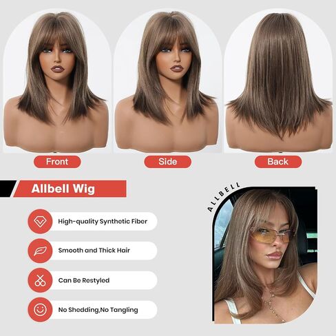 Allbell Short Brown Wig With Curtain Bangs Light Brown Bob Wigs 16 Inch Middle Length Wig Straight Bob Wig for Women Blonde Highlights Synthetic Wig Heat Resistant Fiber Hair in Saudi Arabia