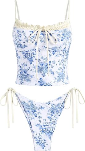 Zaful Tankini Swimsuits for Women Tie Tied Pront Tummy Control Cruffles Bikini يضع بدلات استحمام من قطعتين in Kuwait