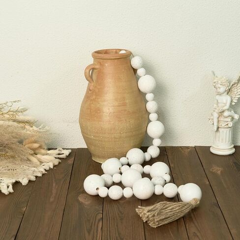 2" Extra Large Wood Bead Garland with Tassels, 44" Long Rustic Farmhouse Wooden Beads Garland, Decorative Beads Boho Decorations for Home Table Mantle Natural Beige in Kuwait