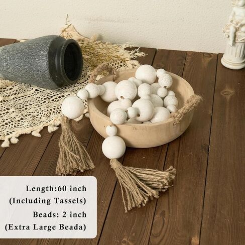 2" Extra Large Wood Bead Garland with Tassels, 44" Long Rustic Farmhouse Wooden Beads Garland, Decorative Beads Boho Decorations for Home Table Mantle Natural Beige in Kuwait