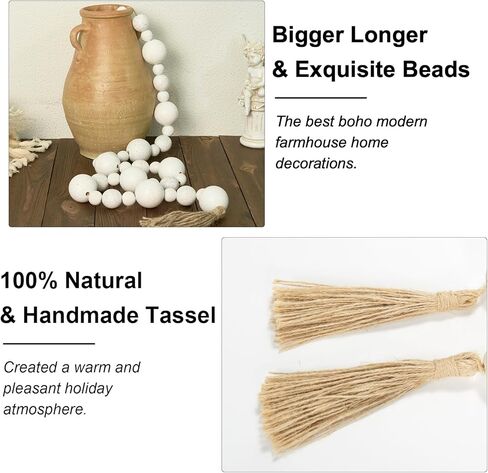 2" Extra Large Wood Bead Garland with Tassels, 44" Long Rustic Farmhouse Wooden Beads Garland, Decorative Beads Boho Decorations for Home Table Mantle Natural Beige in Kuwait
