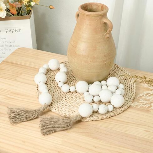 2" Extra Large Wood Bead Garland with Tassels, 44" Long Rustic Farmhouse Wooden Beads Garland, Decorative Beads Boho Decorations for Home Table Mantle Natural Beige in Kuwait