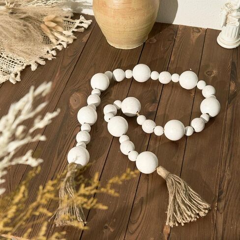 2" Extra Large Wood Bead Garland with Tassels, 44" Long Rustic Farmhouse Wooden Beads Garland, Decorative Beads Boho Decorations for Home Table Mantle Natural Beige in Kuwait