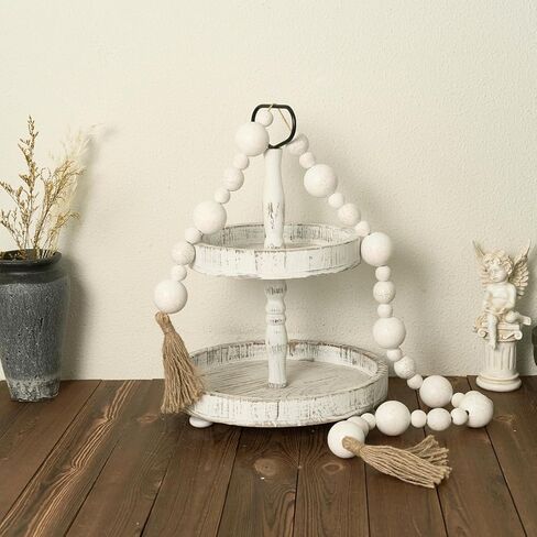 2" Extra Large Wood Bead Garland with Tassels, 44" Long Rustic Farmhouse Wooden Beads Garland, Decorative Beads Boho Decorations for Home Table Mantle Natural Beige in Kuwait