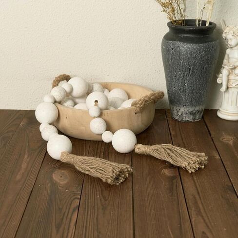 2" Extra Large Wood Bead Garland with Tassels, 44" Long Rustic Farmhouse Wooden Beads Garland, Decorative Beads Boho Decorations for Home Table Mantle Natural Beige in Kuwait