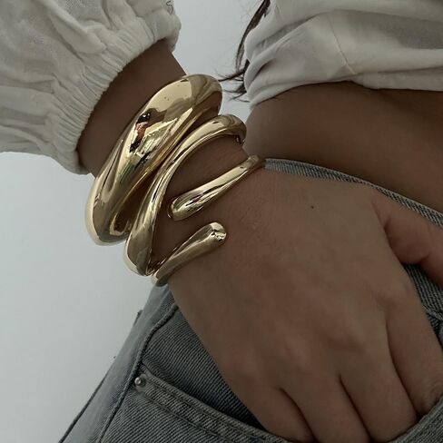 3pcs مشورة ذهبية كبيرة مكتنزة للنساء الذهب | الكفة المطلية بالفضة سوار عريضة سلك دمعة عصرية غير منتظمة مجوهرات الحد الأدنى in Kuwait