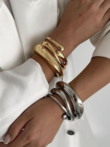3pcs مشورة ذهبية كبيرة مكتنزة للنساء الذهب | الكفة المطلية بالفضة سوار عريضة سلك دمعة عصرية غير منتظمة مجوهرات الحد الأدنى in Kuwait