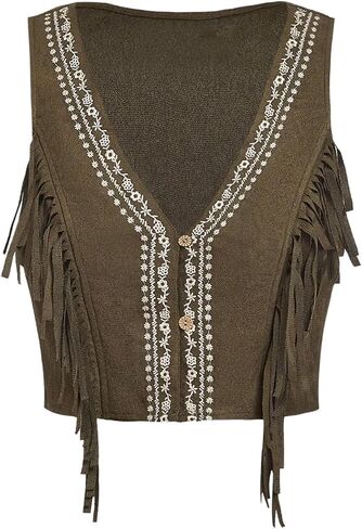 SweatyRocks Women's Fringe Sleeveless Vest Floral Embroidered 70s Hippie Crop Jacket Cardigan in Saudi Arabia