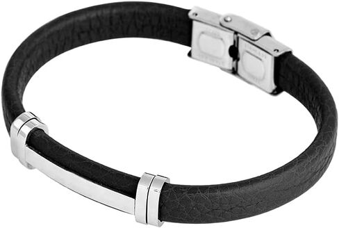 Geoffrey Beene Men's Genuine Leather Bracelet with Stainless Steel Cut-Out ID, Grey in Kuwait