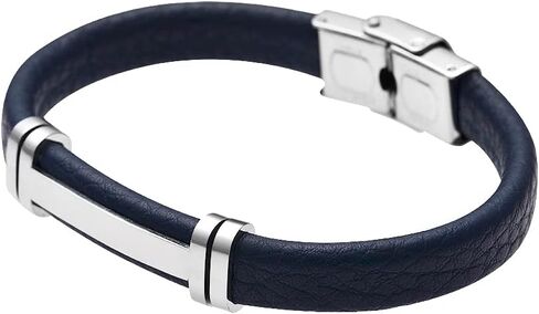 Geoffrey Beene Men's Genuine Leather Bracelet with Stainless Steel Cut-Out ID, Grey in Kuwait