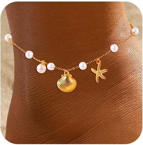 Gold Anklets Ankle Bracelets for Women Waterproof 18K Gold Plated Beads Link Bow Shell Starfish Pearl Butterfly Pendant Women Beach Jewelry Gift Adjustable Size in Saudi Arabia
