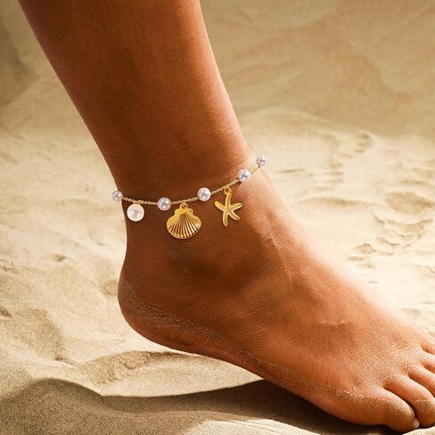 Gold Anklets Ankle Bracelets for Women Waterproof 18K Gold Plated Beads Link Bow Shell Starfish Pearl Butterfly Pendant Women Beach Jewelry Gift Adjustable Size in Saudi Arabia