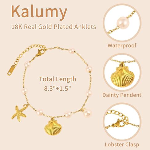 Gold Anklets Ankle Bracelets for Women Waterproof 18K Gold Plated Beads Link Bow Shell Starfish Pearl Butterfly Pendant Women Beach Jewelry Gift Adjustable Size in Saudi Arabia