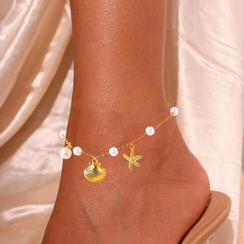 Gold Anklets Ankle Bracelets for Women Waterproof 18K Gold Plated Beads Link Bow Shell Starfish Pearl Butterfly Pendant Women Beach Jewelry Gift Adjustable Size in Saudi Arabia
