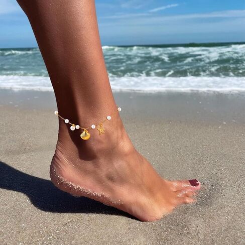 Gold Anklets Ankle Bracelets for Women Waterproof 18K Gold Plated Beads Link Bow Shell Starfish Pearl Butterfly Pendant Women Beach Jewelry Gift Adjustable Size in Saudi Arabia