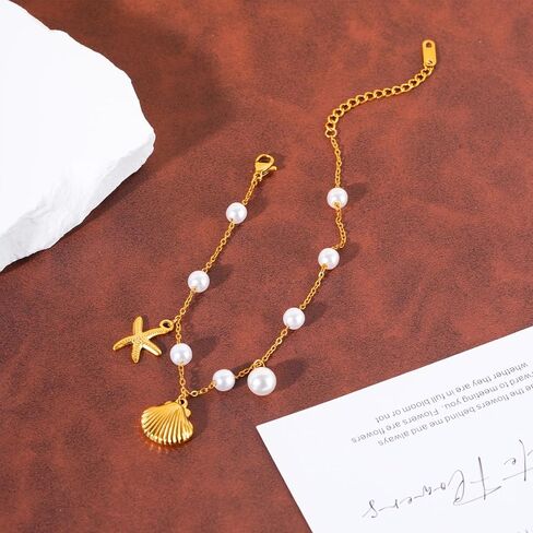 Gold Anklets Ankle Bracelets for Women Waterproof 18K Gold Plated Beads Link Bow Shell Starfish Pearl Butterfly Pendant Women Beach Jewelry Gift Adjustable Size in Saudi Arabia