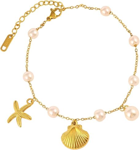 Gold Anklets Ankle Bracelets for Women Waterproof 18K Gold Plated Beads Link Bow Shell Starfish Pearl Butterfly Pendant Women Beach Jewelry Gift Adjustable Size in Saudi Arabia