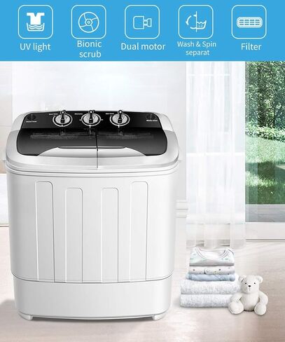 Small Clothes Washing Machines,SAFEPLUS Compact Mini Twin Tub Versatile Washing Machine with 8 lbs Washing &5 lbs Spin Dryer Load Cappacity Gravity Drain Pump and Drain Hose for Apartment (gray) in Saudi Arabia