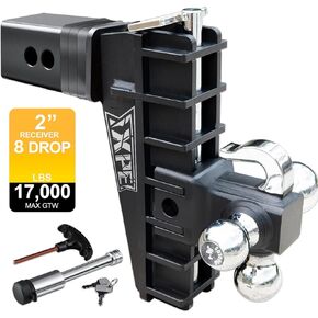 Adjustable Trailer Hitch Fits 2.0-Inch Receiver, Heavy Duty Tow Hitches (17000 LBS GTW) 8 Inch Drop Truck Hitch Tri-Ball Mount with Hook (1-7/8" x 2" x 2-5/16")
