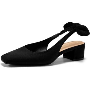 Coutgo Womens Chunky Low Heels Bow Slingback Pumps Closed Square Toe Wedding Party Dress Shoes