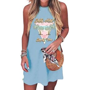 Sun Salt Sand Coconut Tree Tank Mini Dress for Women Casual Loose Sleeveless Beach Praty Shirts Summer Vacation Short Dress