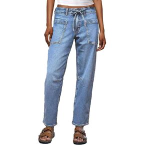 Flamingals Women’s Chic Stylish Mid Waist Wash Drawstring Stitch Detail Carrot Jeans