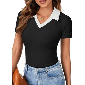 LYANER Women's Short Sleeve V Neck T Shirts Ribbed Knit Slim Fit Tee Top Stripes Collar Polo Shirt