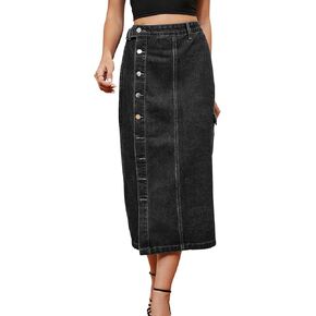 Women's Casual High Waist Denim Mid Skirt Slit Button Up Jean Skirts with Pockets